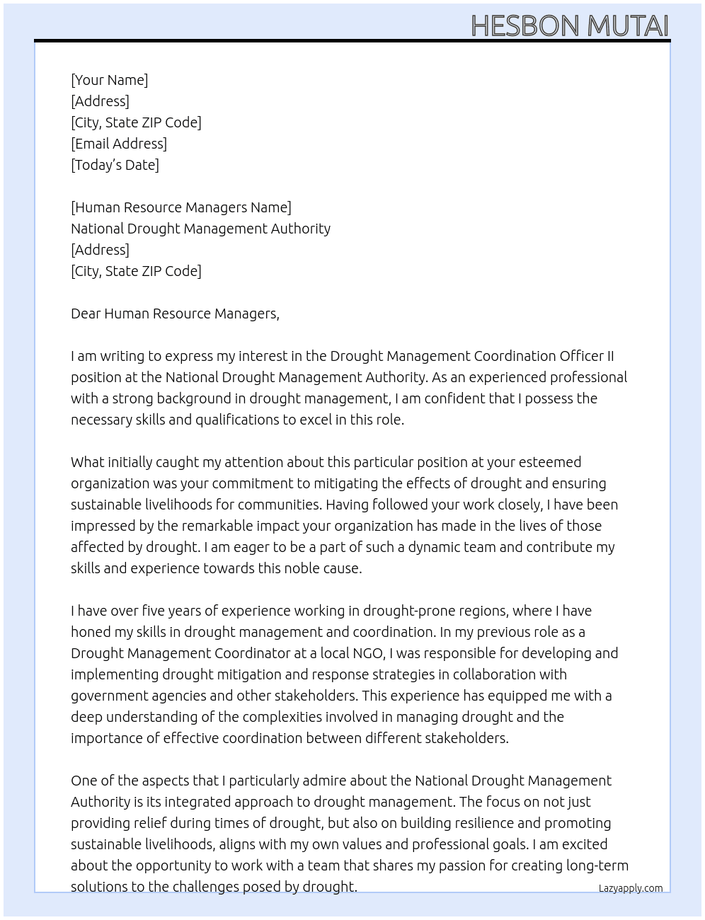 Drought Management Coordination Officer II At NATIONAL DROUGHT MANAGEMENT AUTHORITY Cover Letter