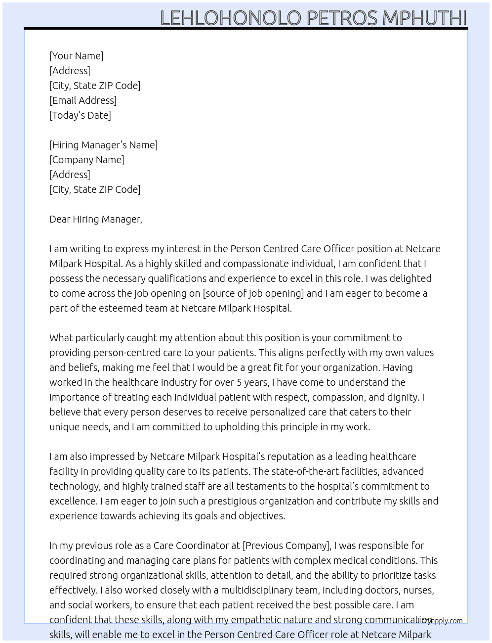Person Centred Care Officer At Netcare Milpark Hospital Cover Letter