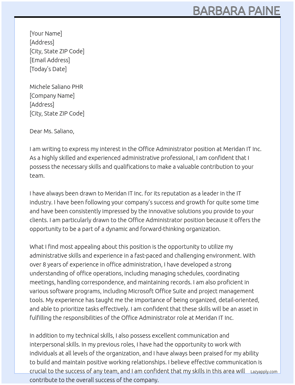 Office Administrator At Meridan IT Inc. Cover Letter