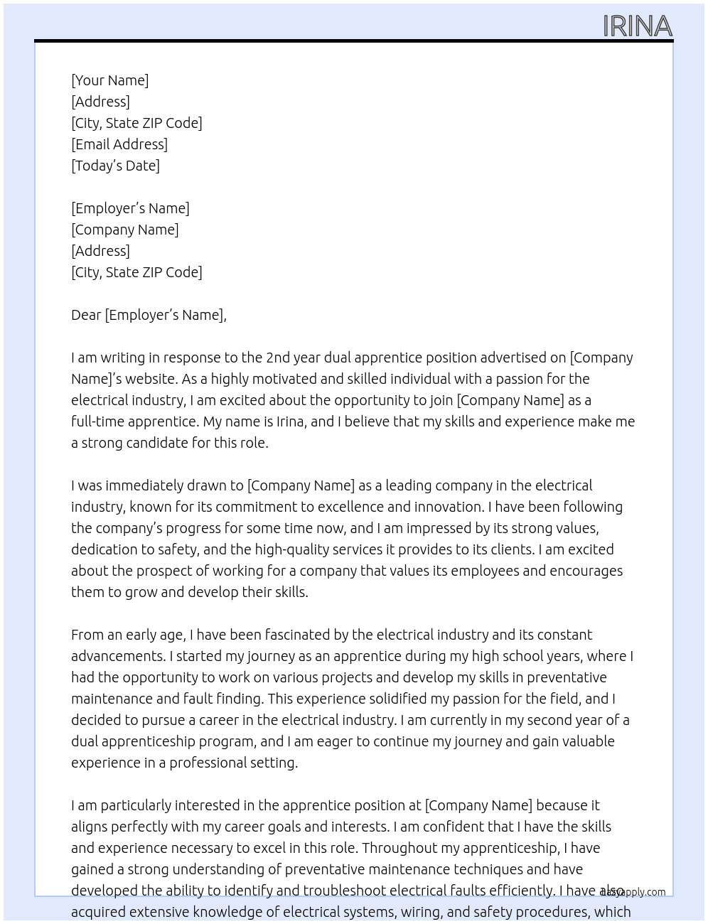 2nd year dual  apprentice  At AEP Cover Letter