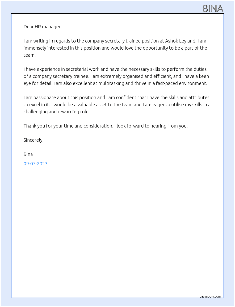 Company secretary trainee  At Ashok Leyland  Cover Letter