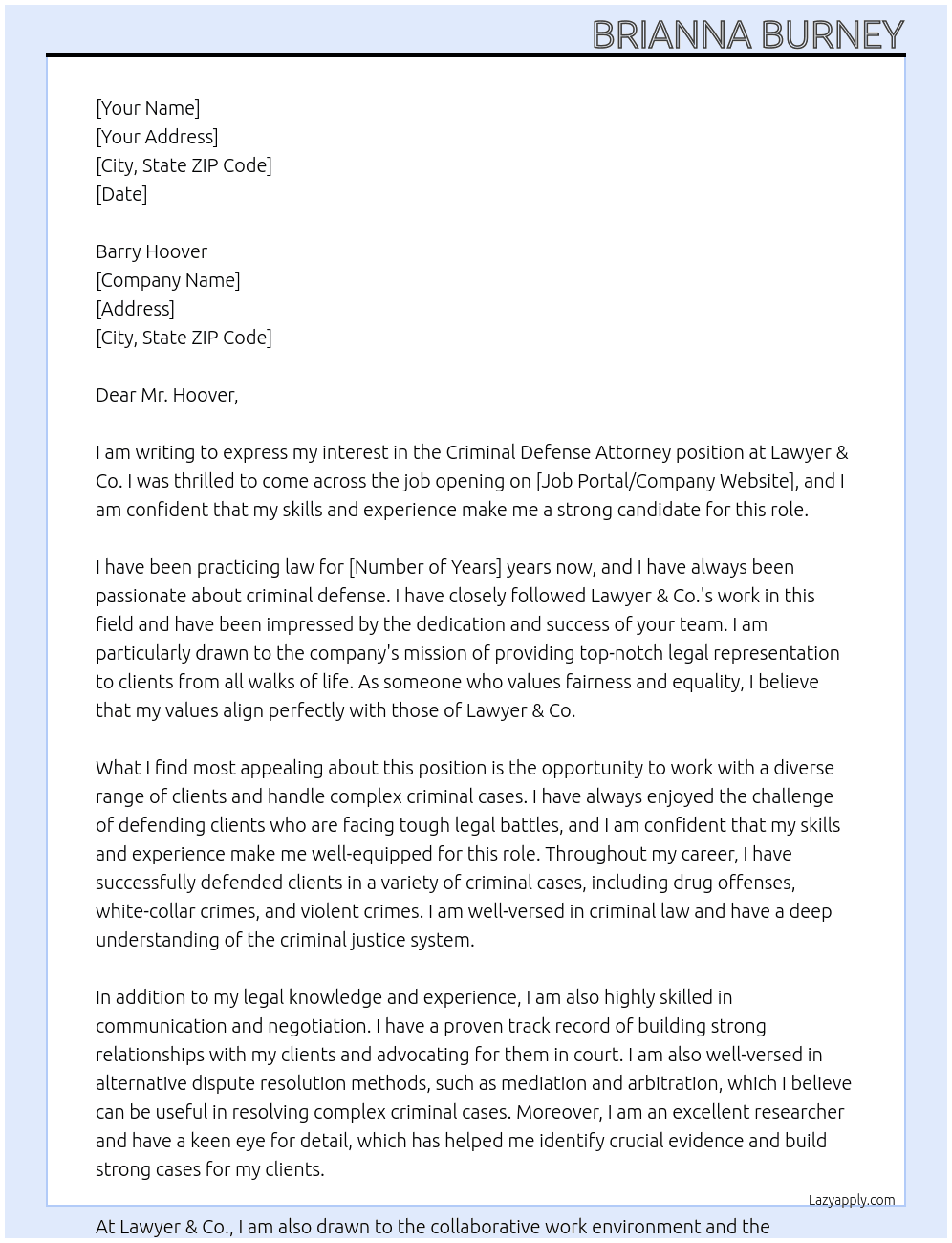 Criminal Defense Attorney At Lawyer & Co.  Cover Letter