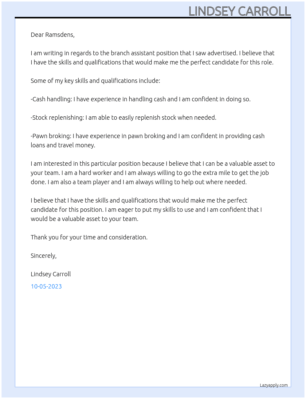 Branch assistant  At Ramsdens Cover Letter