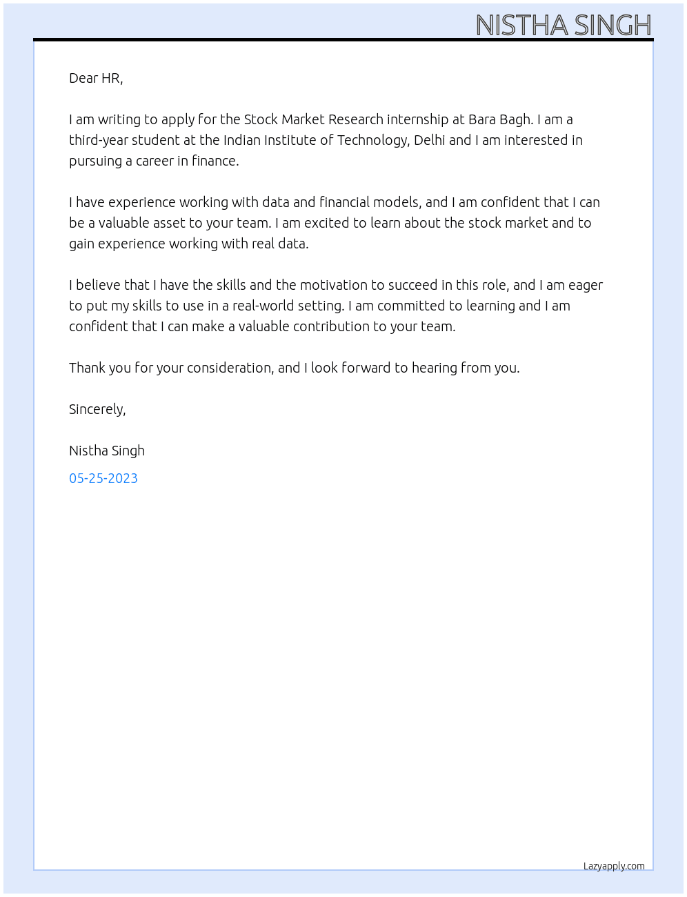 Stock Market Research internship At  Bara Bagh Cover Letter