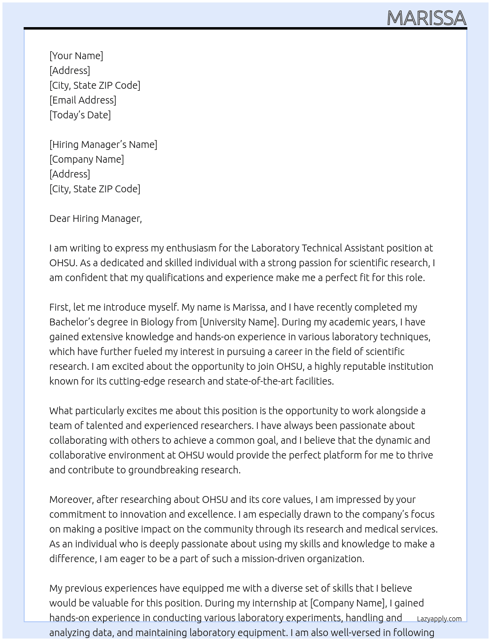 Laboratory Technical Assistant At OHSU Cover Letter