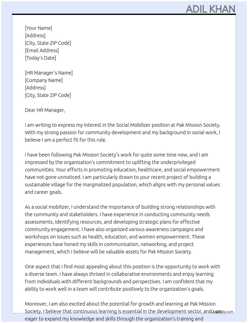 Social Mobilizer At Pak Mission Society Cover Letter