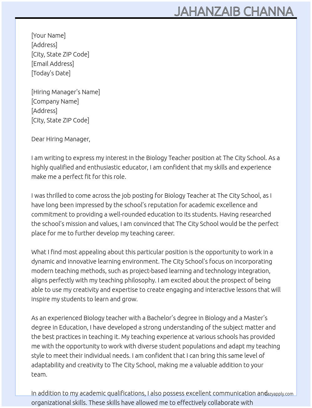 Biology Teacher At The City School Cover Letter