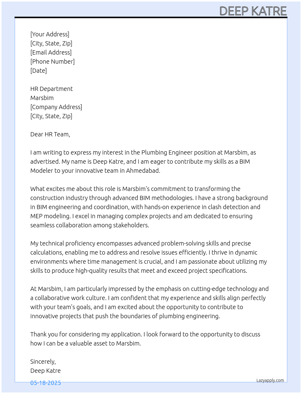 Plumbing Engineer  At Marsbim Cover Letter