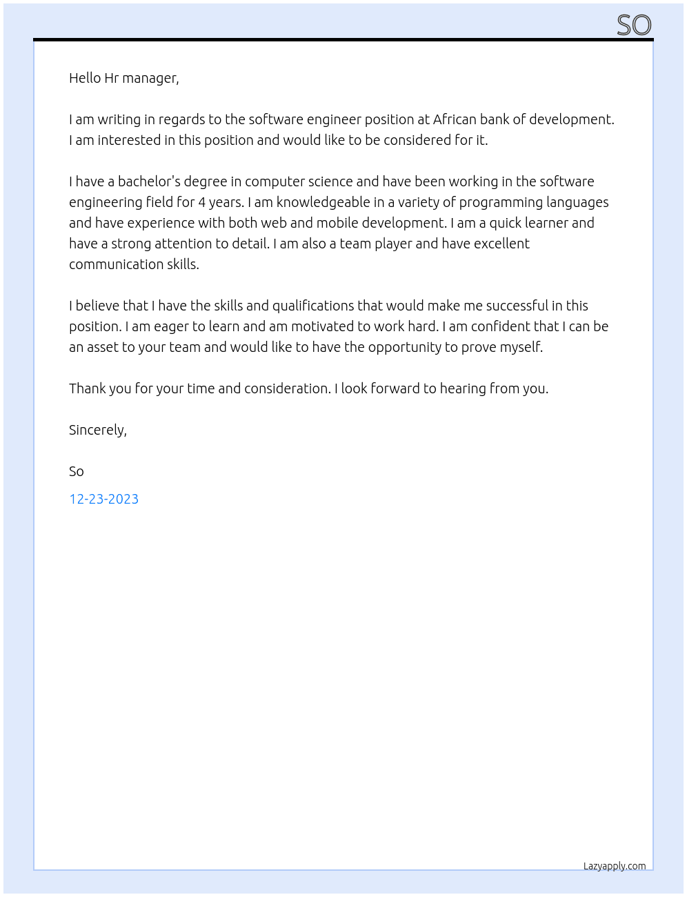software engineer At african bank of development Cover Letter