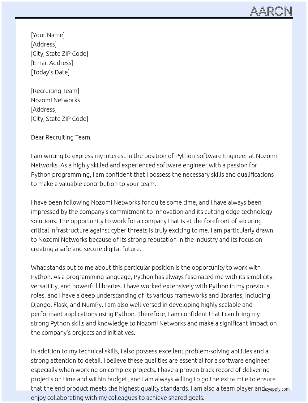 Python Software Engineer At Nozomi Networks Cover Letter