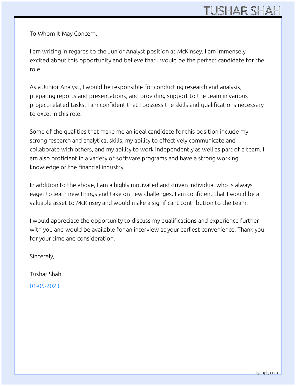 Junior Analyst At McKinsey Cover Letter