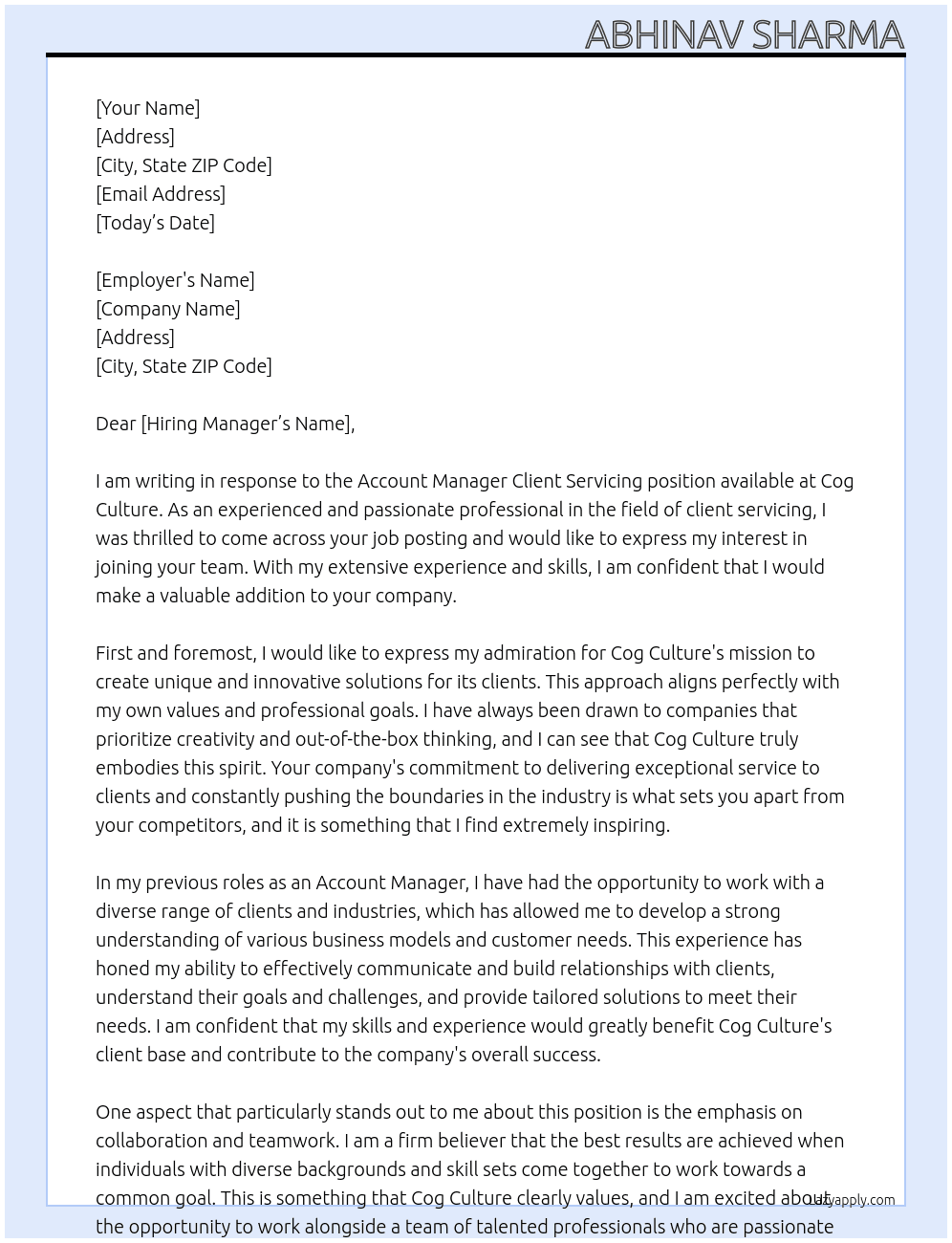 Account Manager Client Servicing At Cog Culture Cover Letter