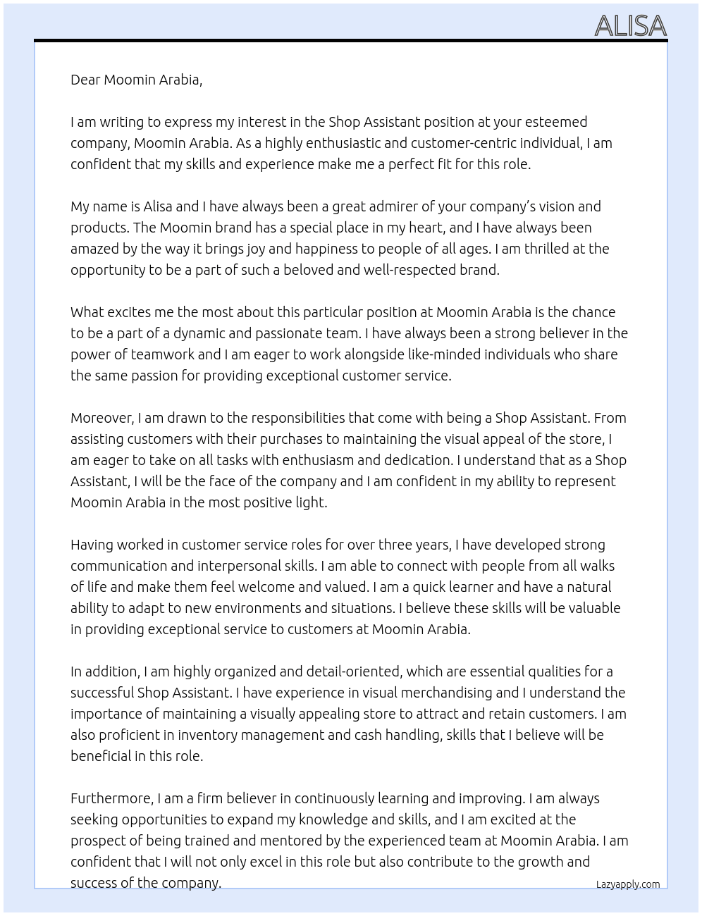 Shop assistant At Moomin Arabia Cover Letter