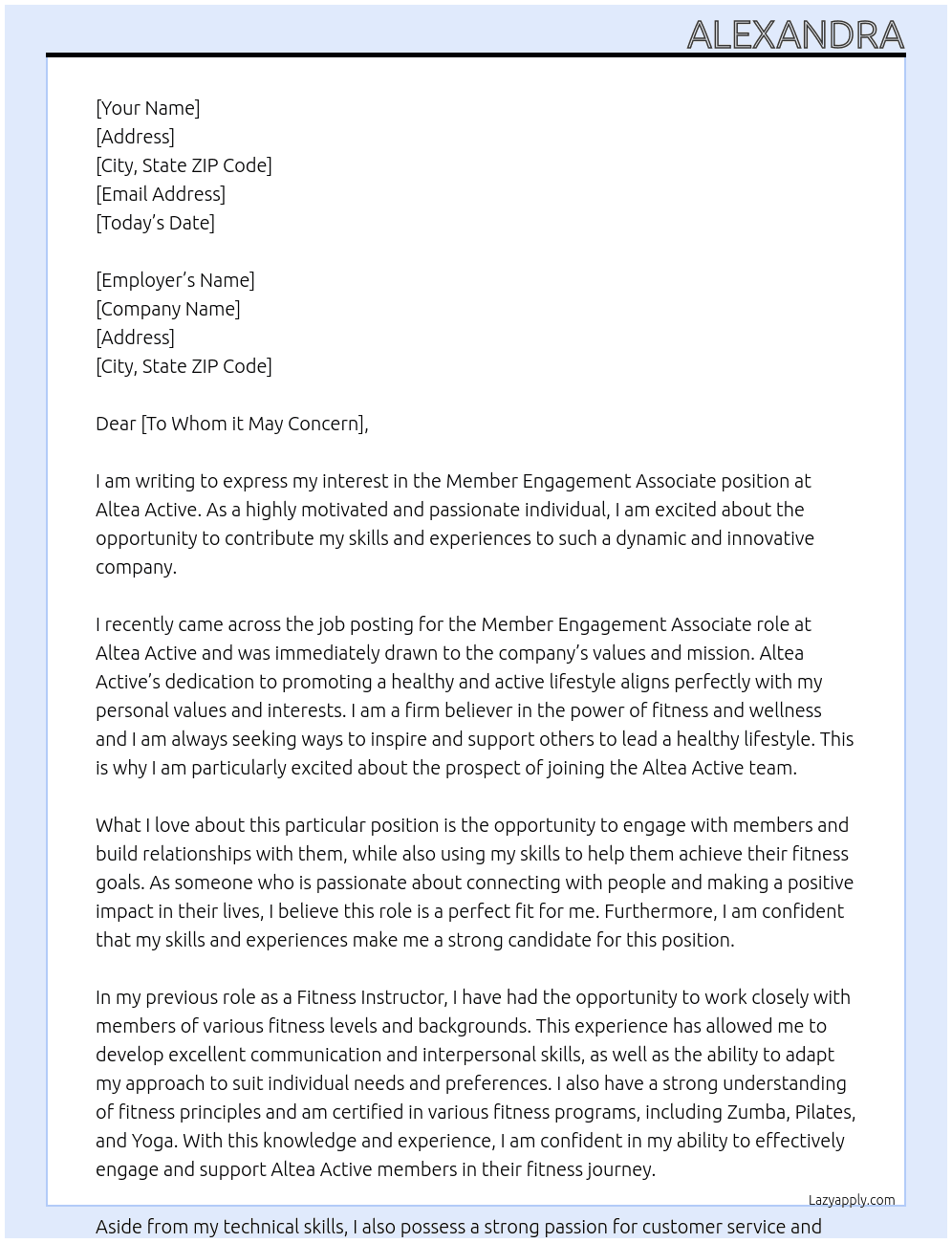 Member Engagement Associate At Altea Active Cover Letter