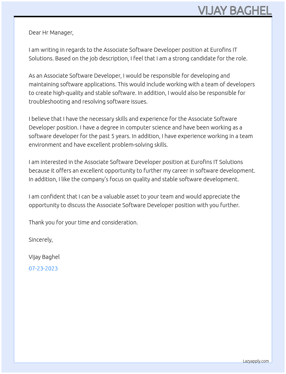 Associate software developer  At Eurofins it solutions Cover Letter