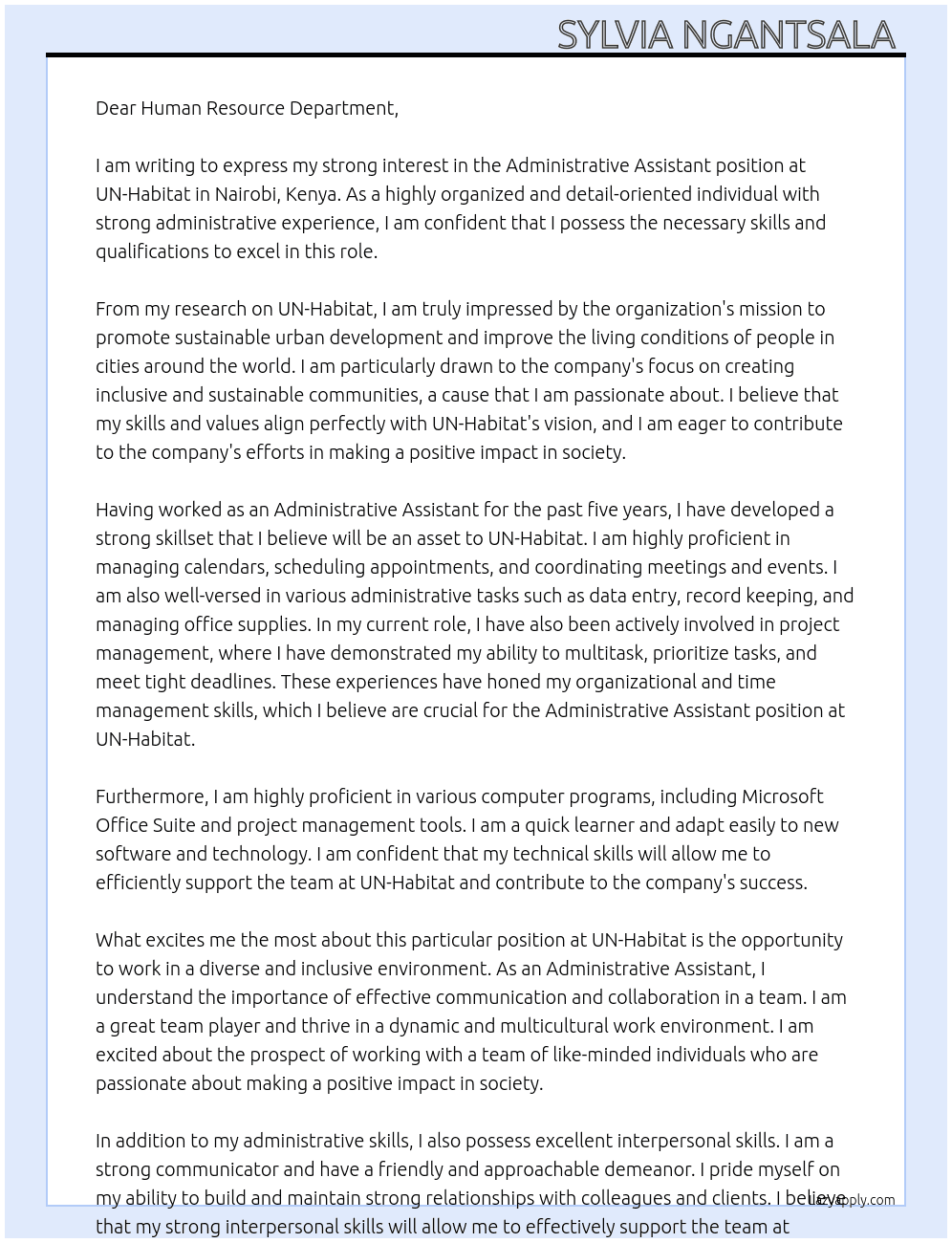 Administrative Assistant  At UN- Habitat  Cover Letter