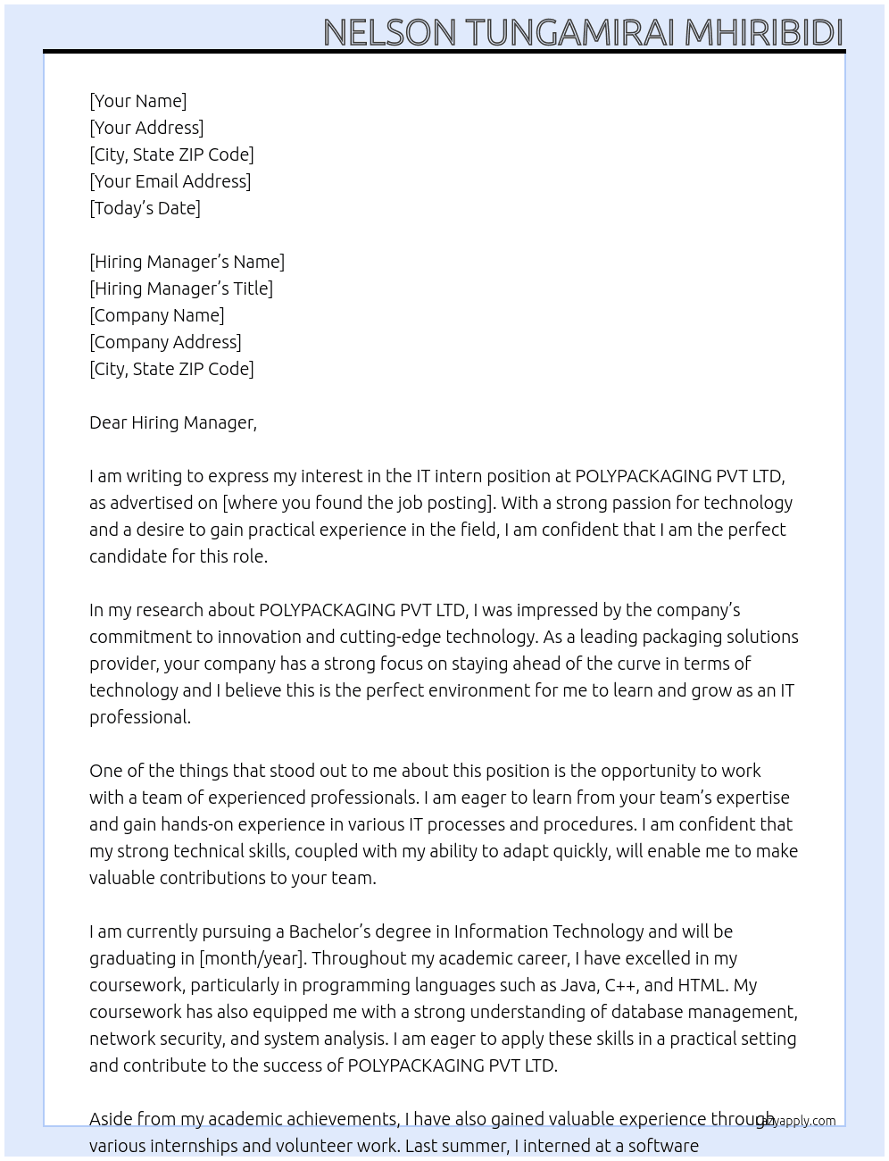 IT intern At POLYPACKAGING PVT LTD Cover Letter