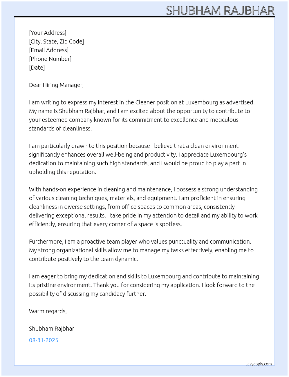 Cleaner  At Luxembourg  Cover Letter