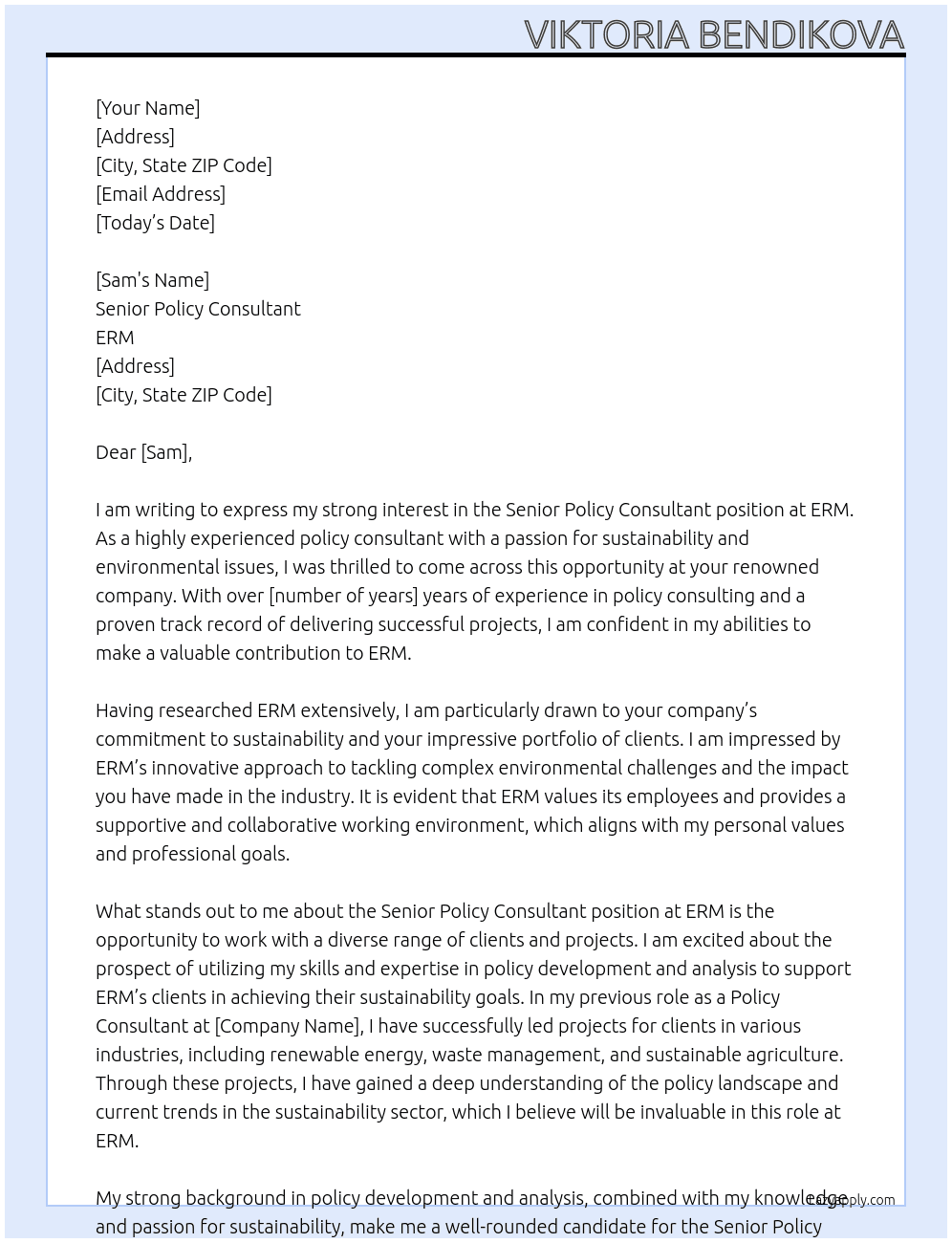 Senior Policy Consultant At ERM Cover Letter