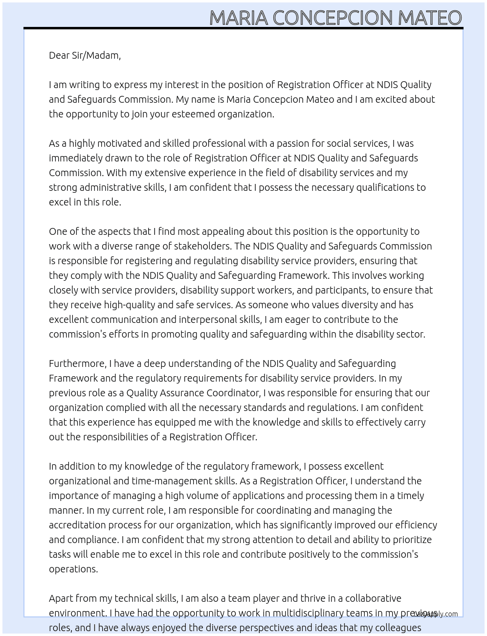 Registration Officer At NDIS Quality and Safeguards Commission Cover Letter