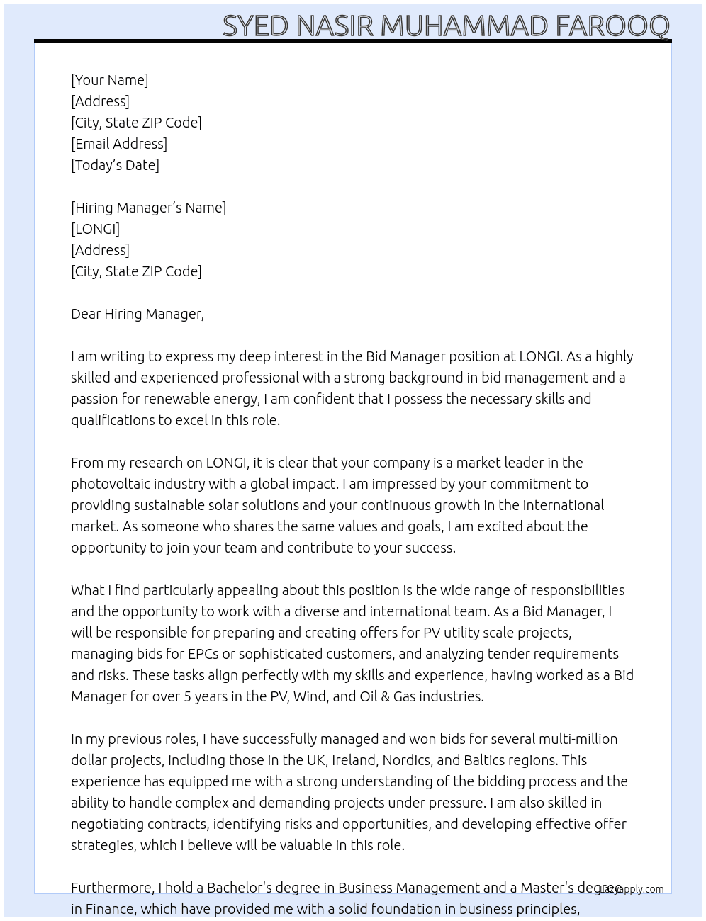Bid Manager At LONGI  Cover Letter