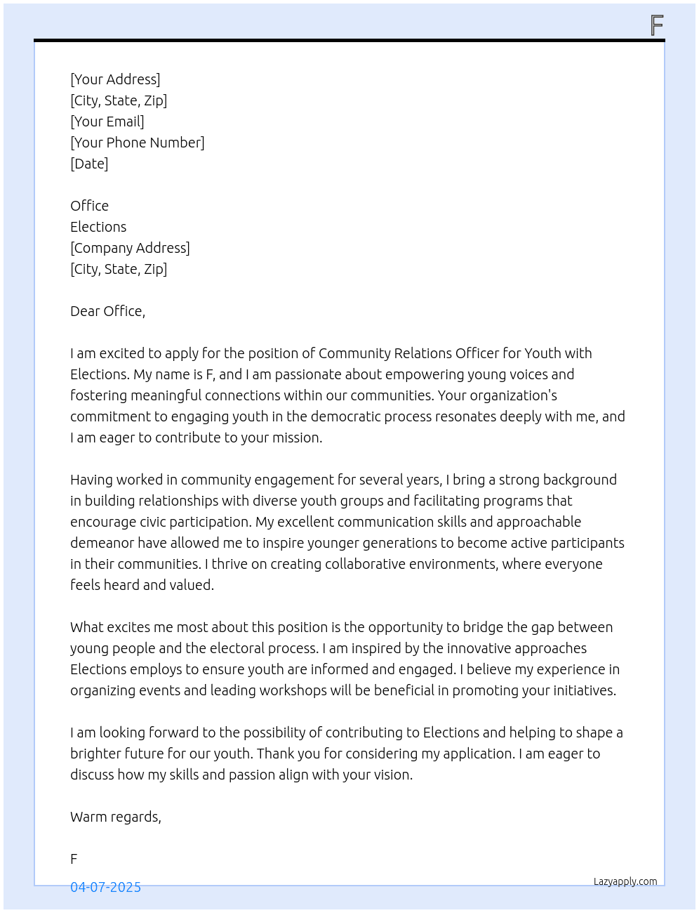Community relations officer for youth  At elections Cover Letter