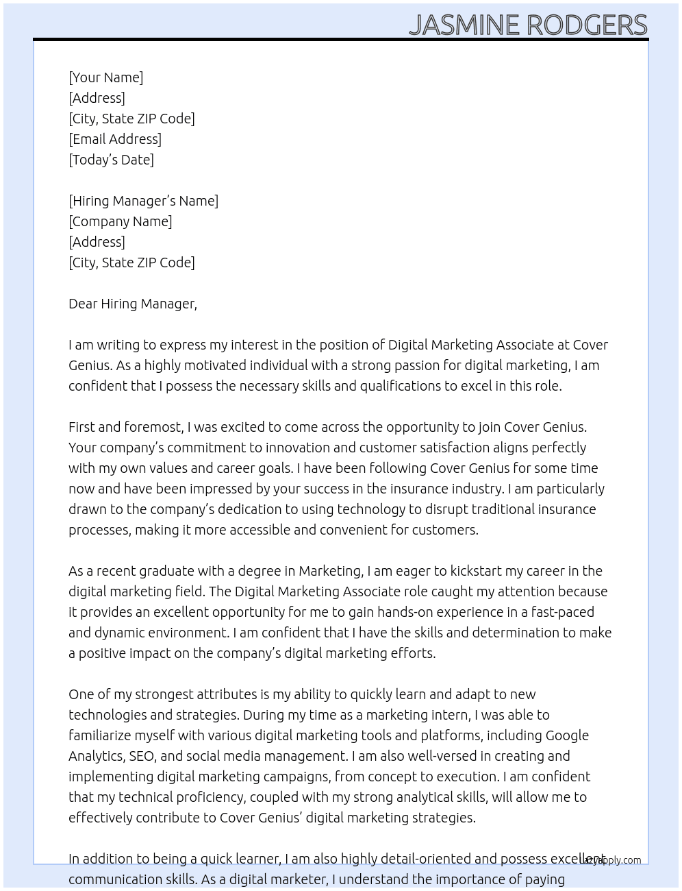 Digital marketing associate At Cover Genius Cover Letter