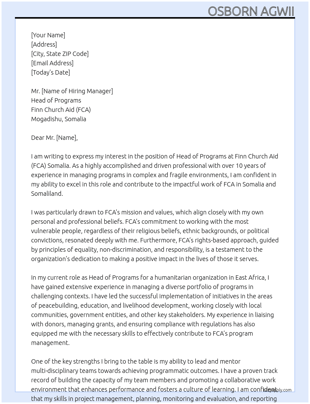 Head of Programs (Mogadishu) At FCA Cover Letter