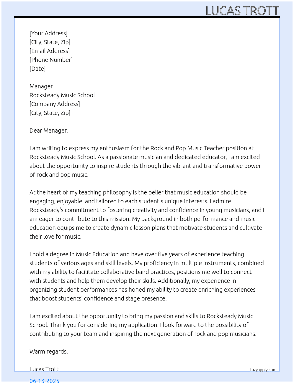 Cover letter for rock and pop music teacher - LazyApply