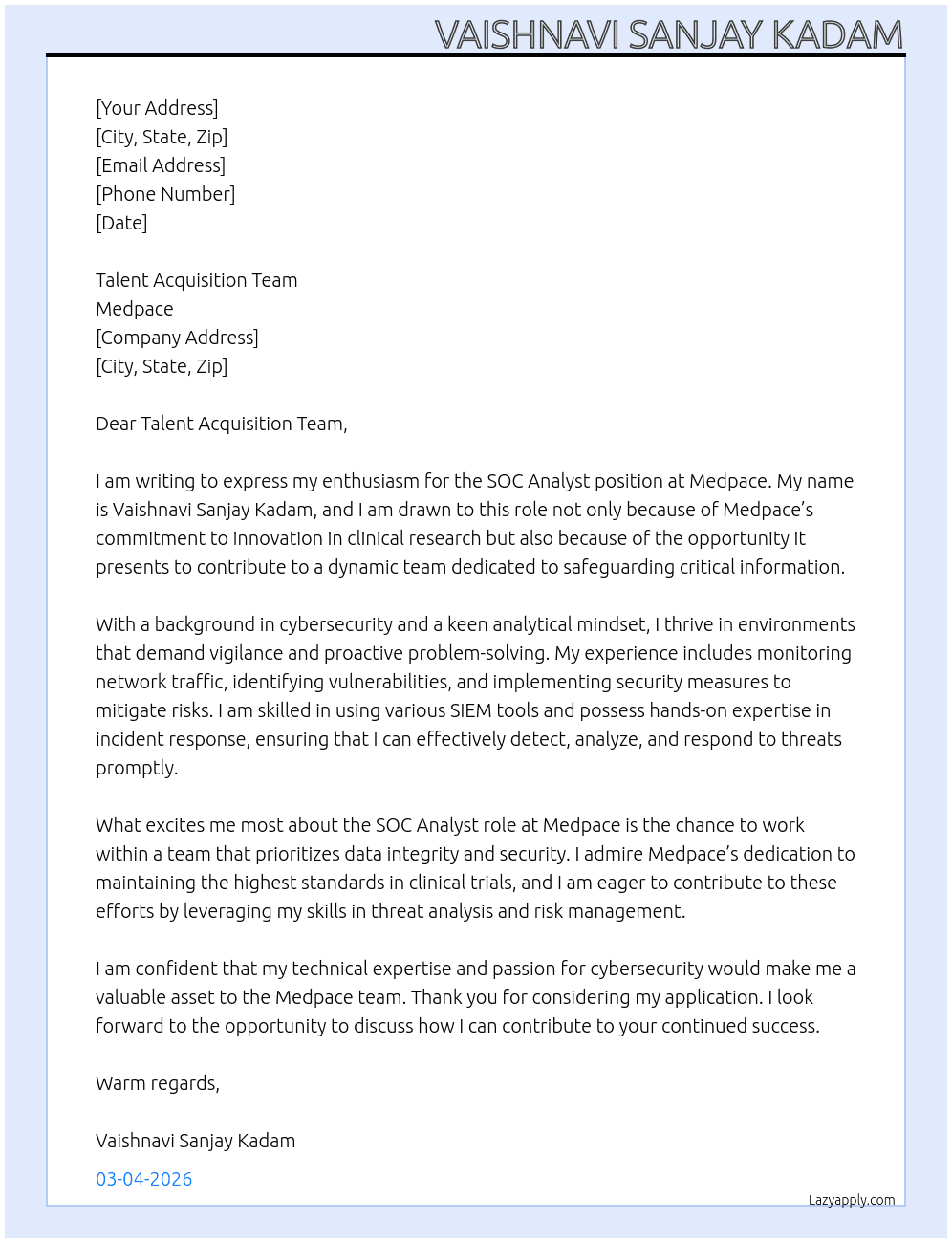 soc analyst At Medpace  Cover Letter