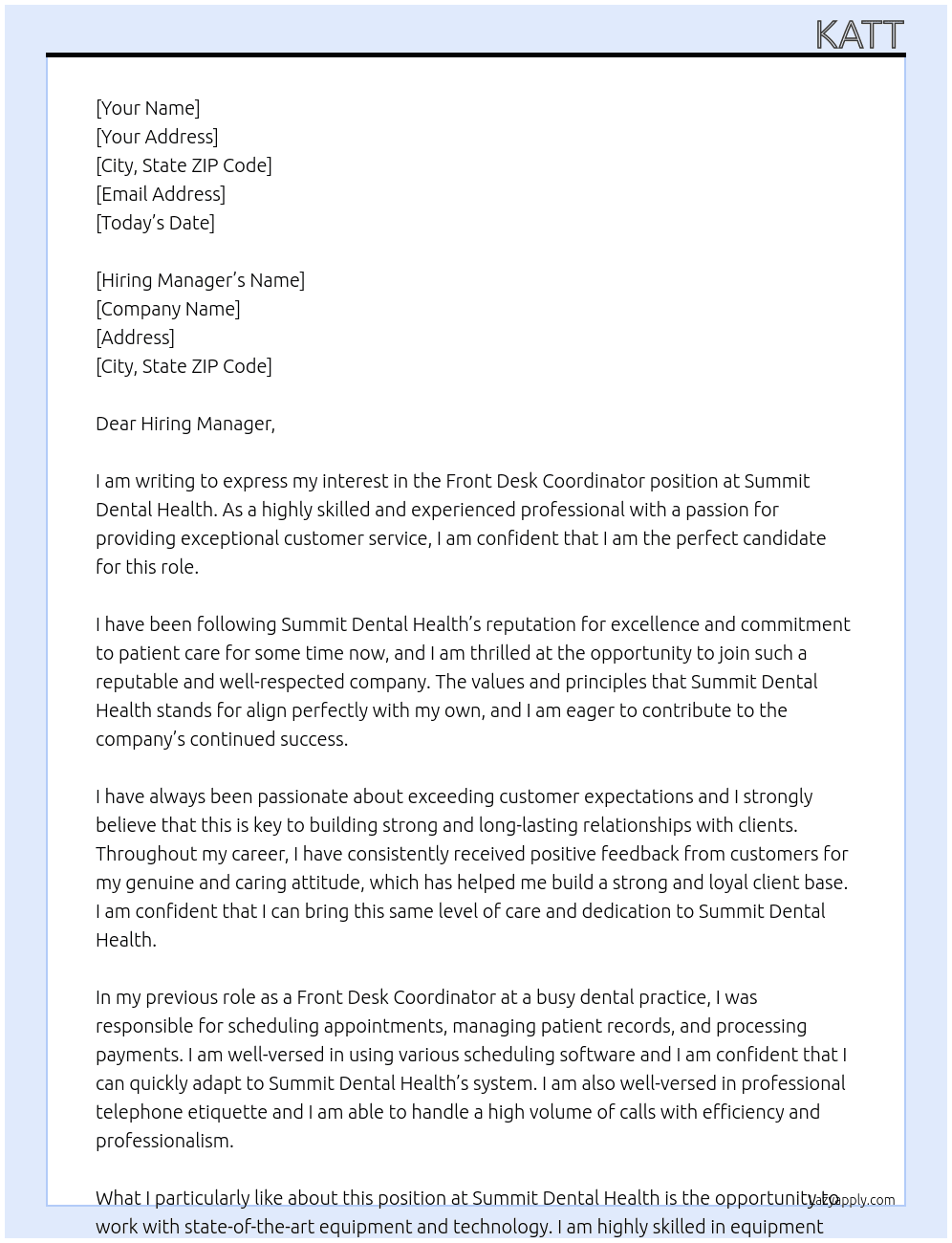 Front Desk Coordinator At Summit Dental Health Cover Letter