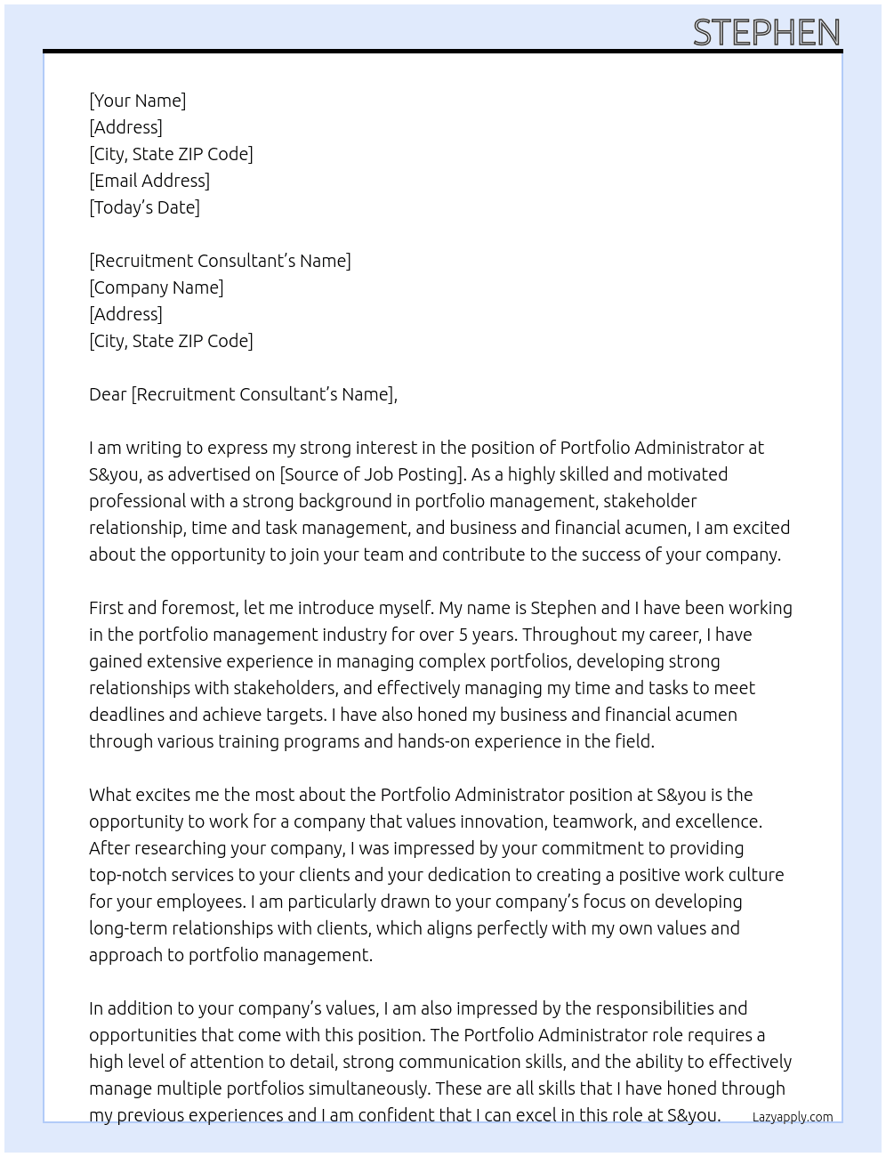 Portfolio Administrator At S&you Cover Letter