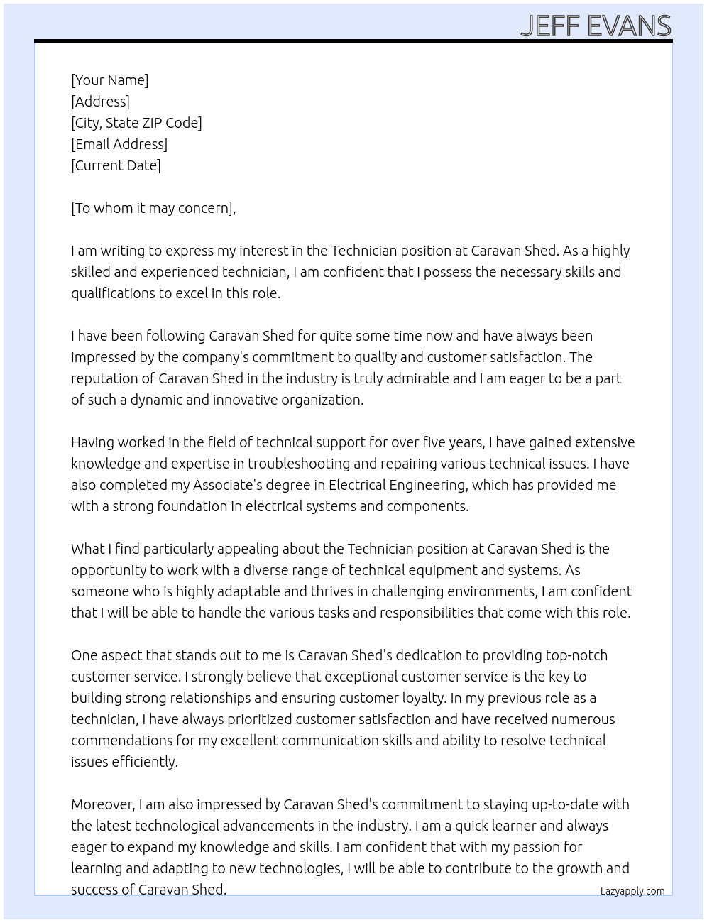 Technician At Caravan Shed Cover Letter