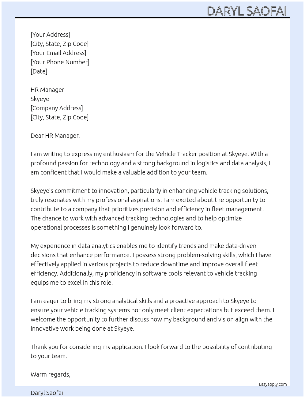 Cover letter for vehicle tracker - LazyApply