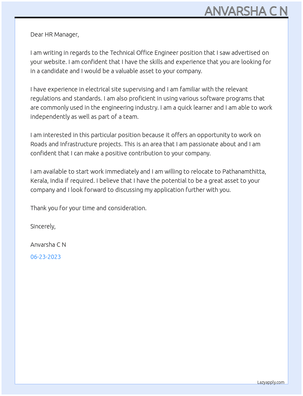 Technical office engineer At Roads and infrasturucture projects Cover Letter