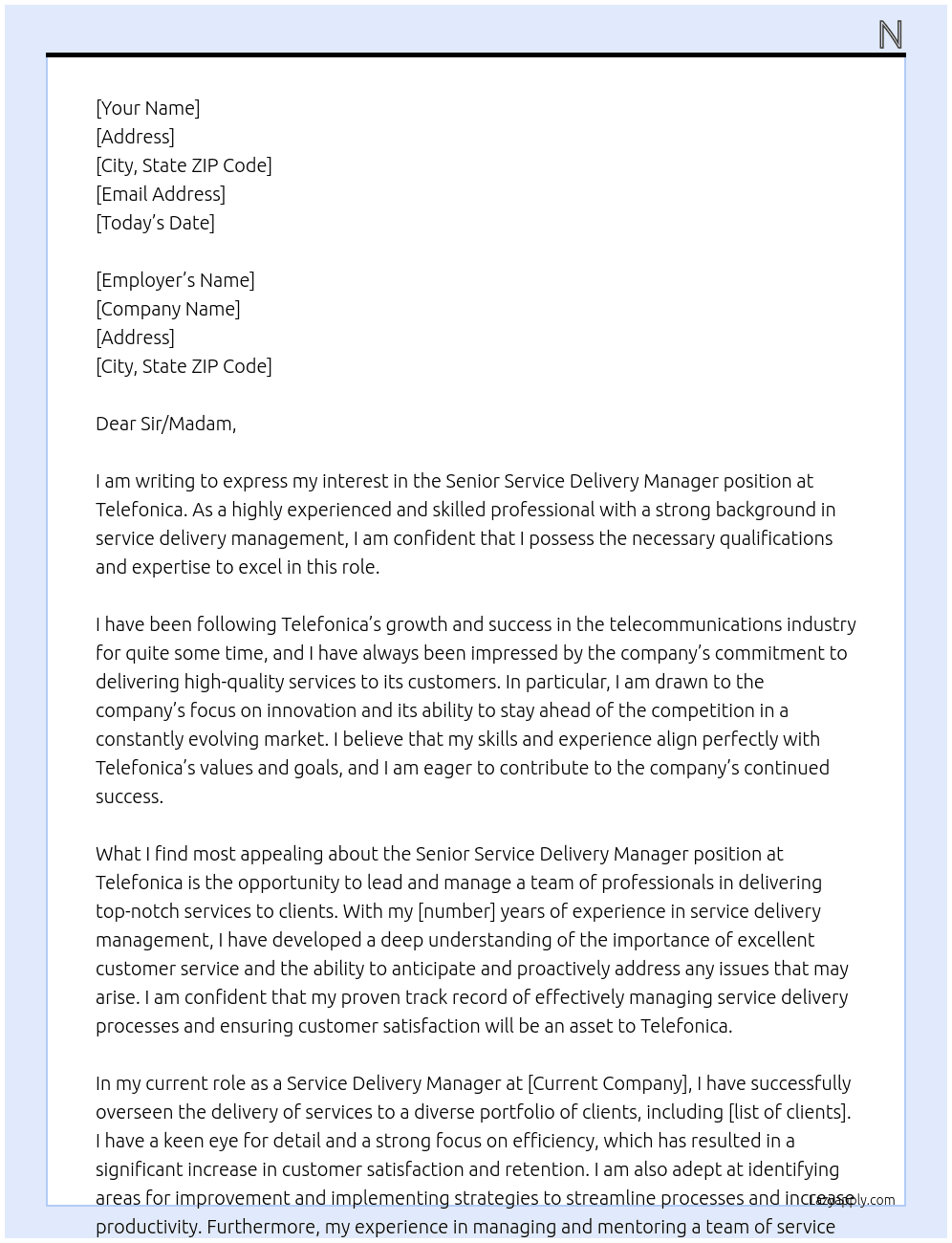 Senior Service Delivery Manager At Telefonica Cover Letter