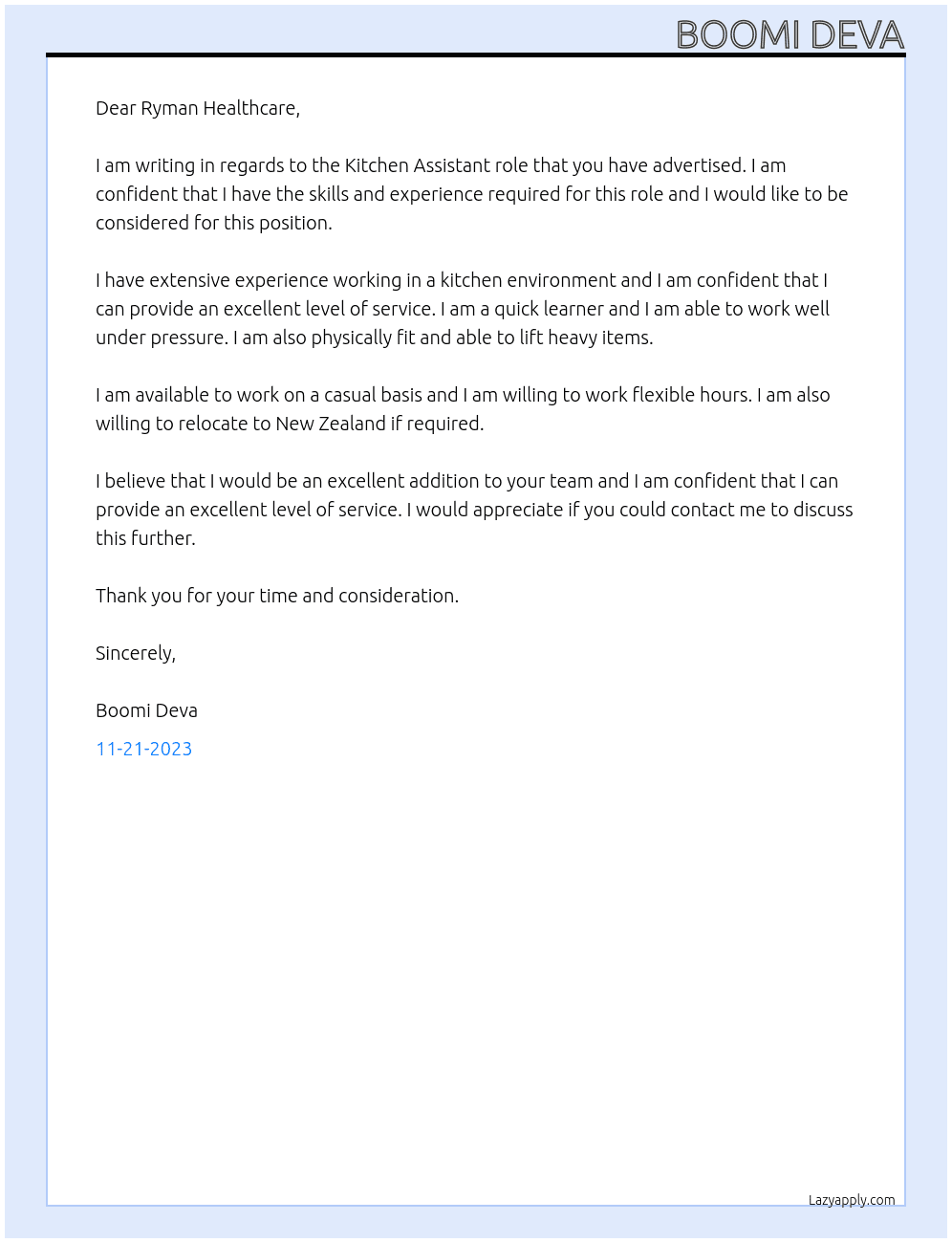 Kitchen assistant  At Ryman Healthcare Cover Letter