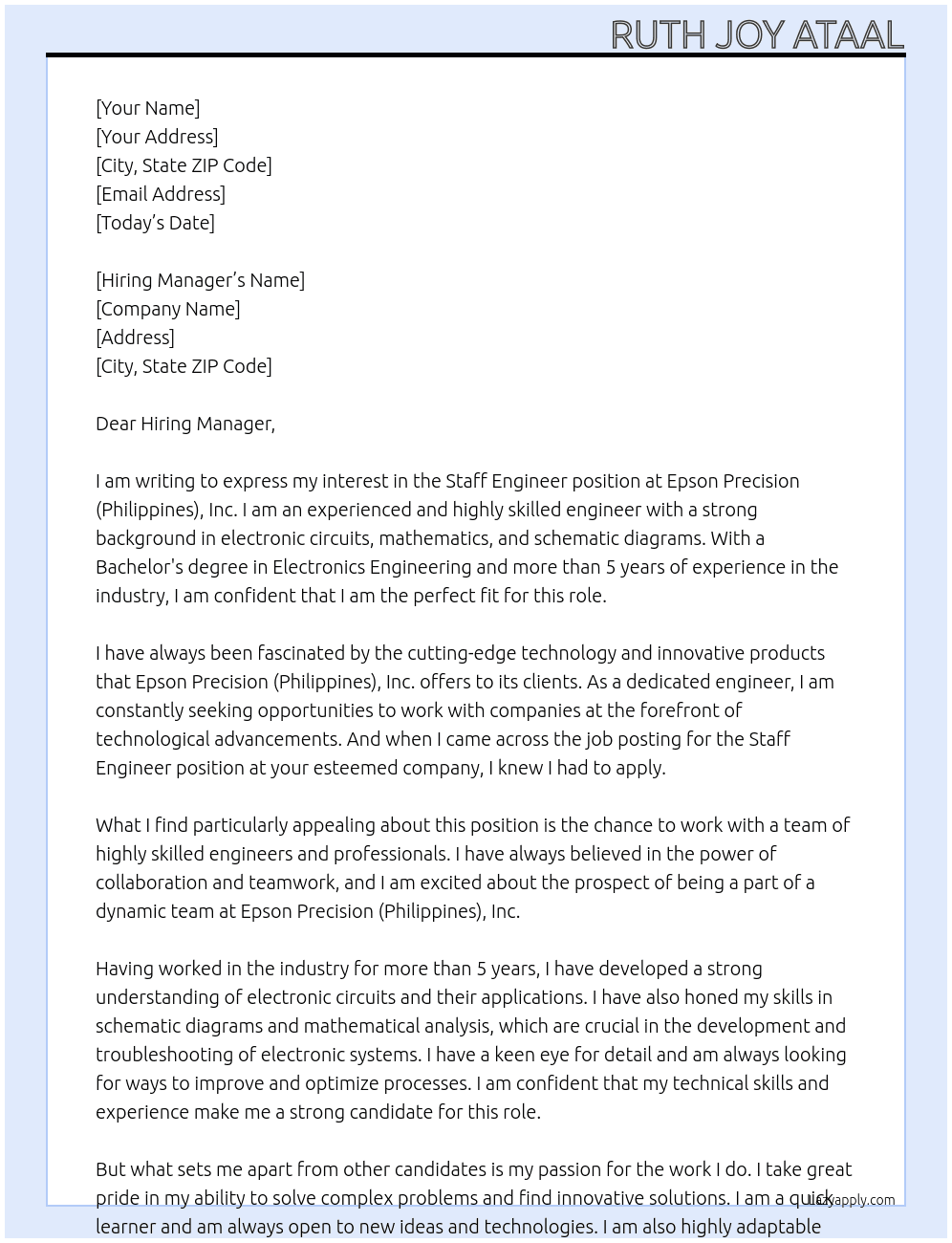 staff Engineer At Epson Precision (Philippines), Inc. Cover Letter