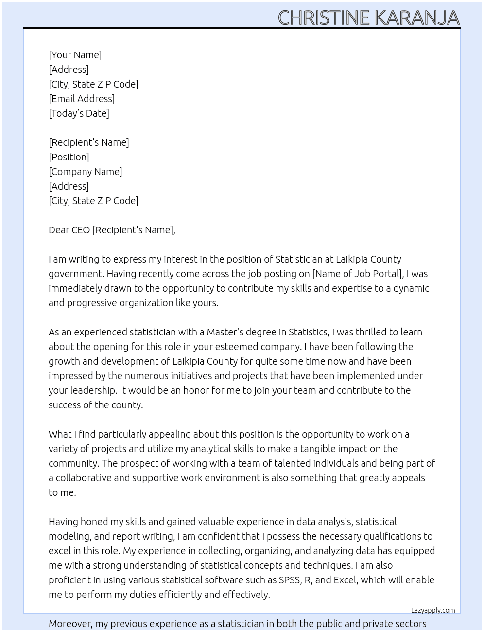 Statistician  At Laikipia County government  Cover Letter