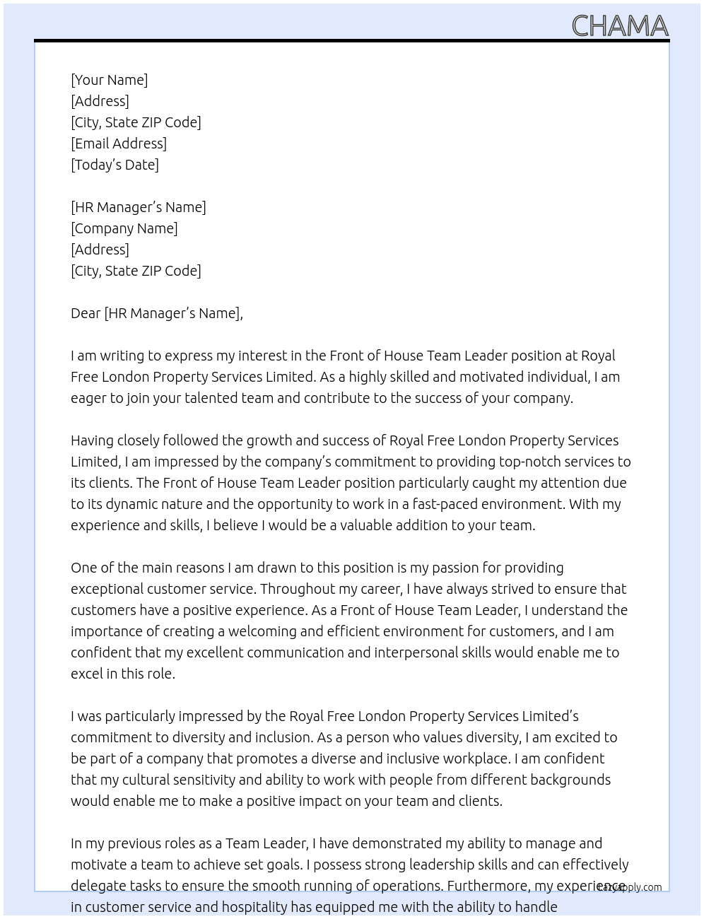 Front of House Team Leader At Royal Free London Property Services Limited Cover Letter