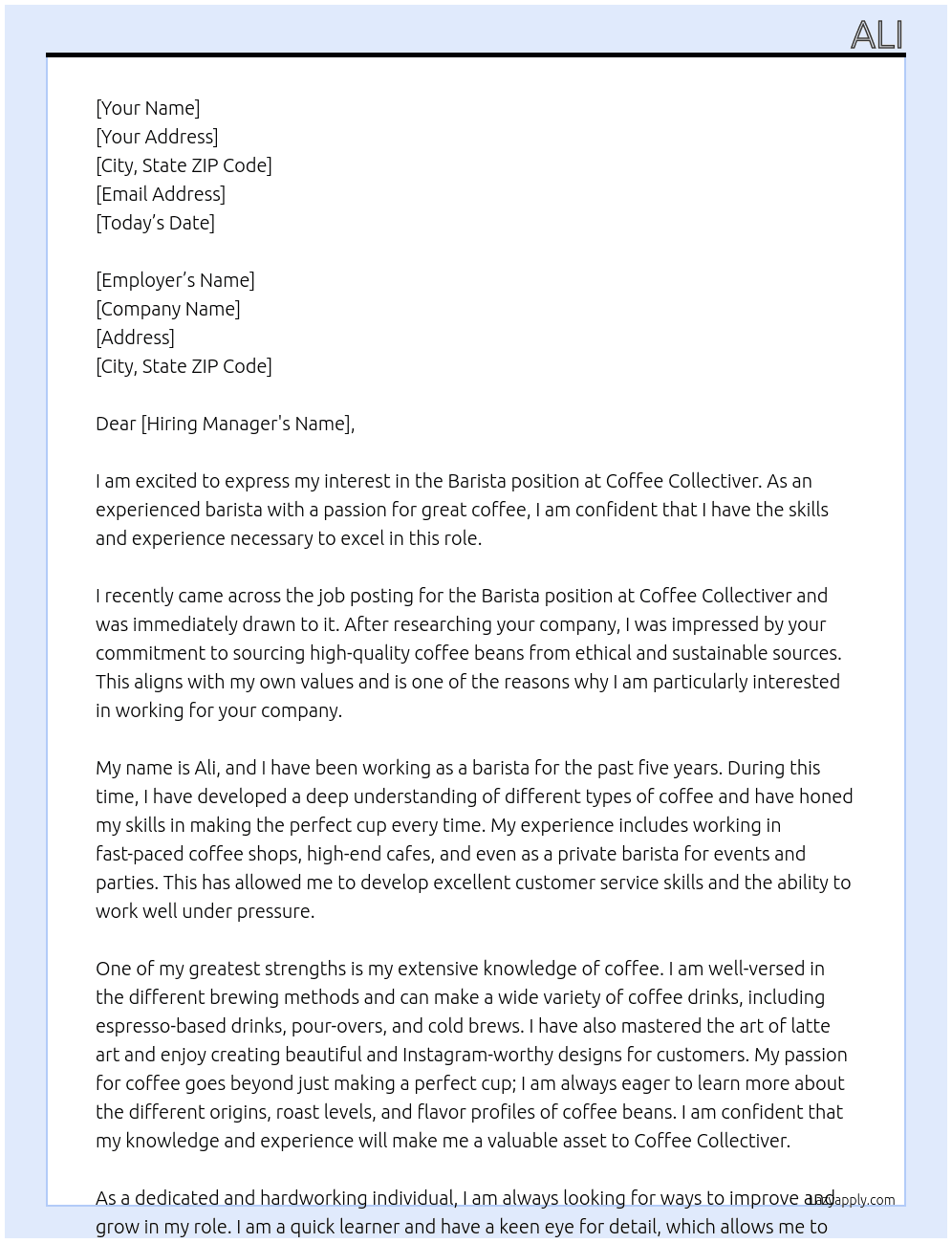 Barista At Coffee collectiver Cover Letter