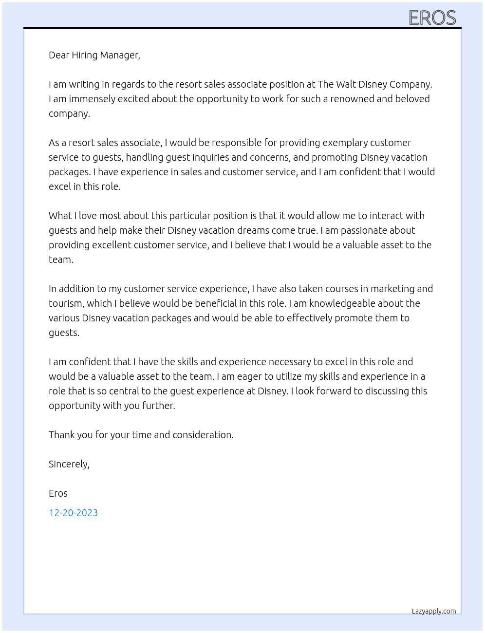 resort sales associate At The Walt Disney Company Cover Letter
