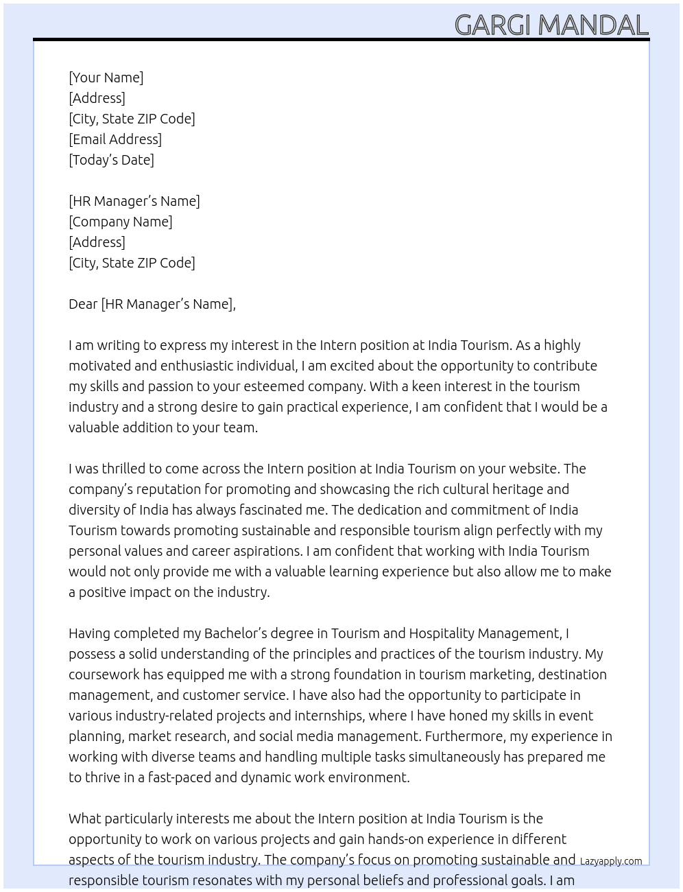 Intern At India Tourism Cover Letter