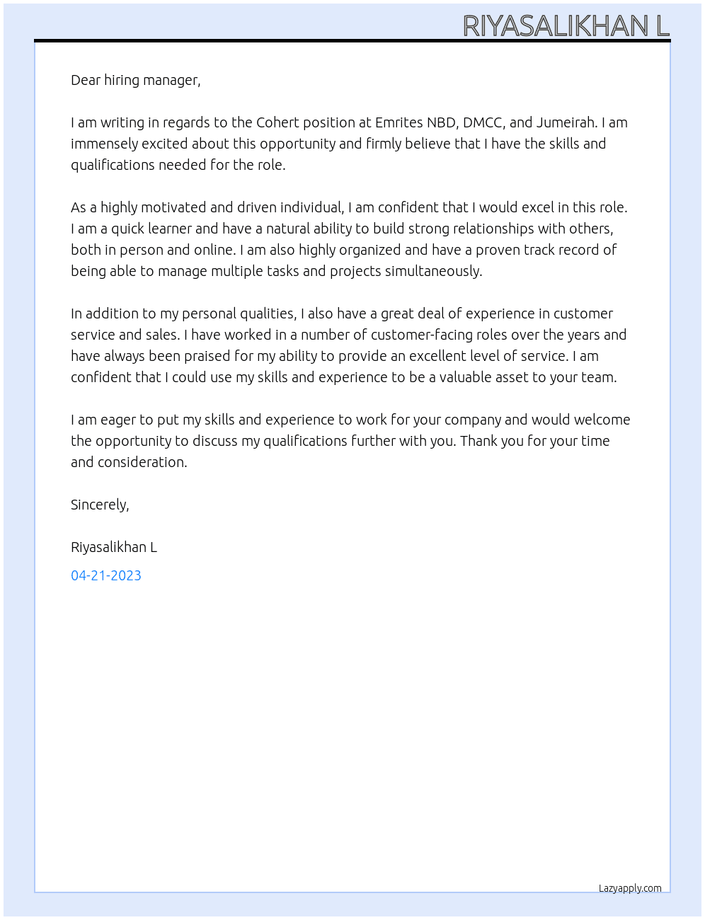 Cohert At Emrites NBD, DMCC, and Jumeirah Cover Letter
