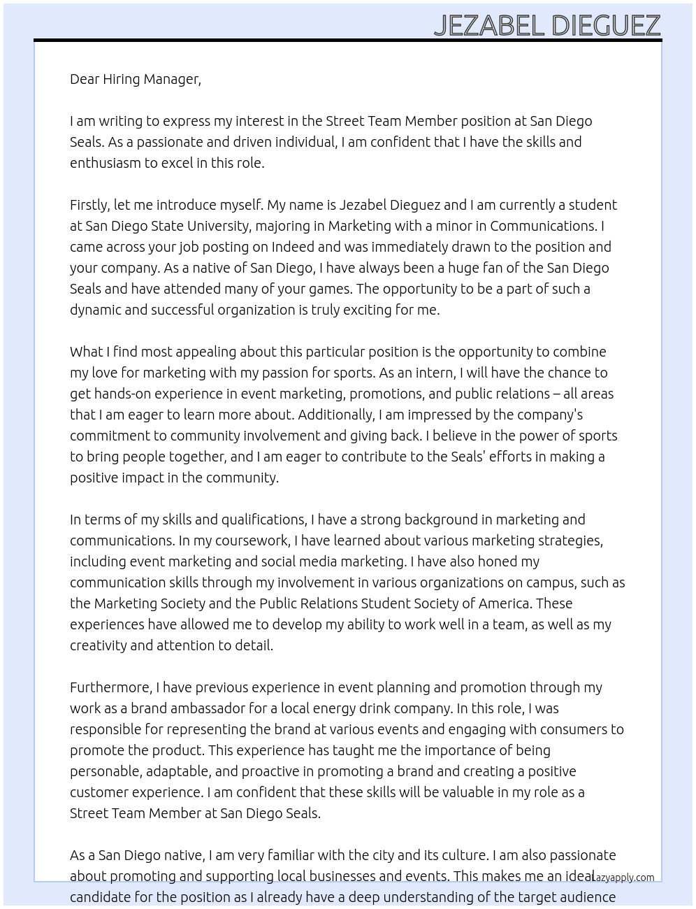 Street team member At San Diego Seals Cover Letter