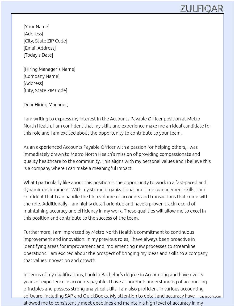 Accounts Payable Officer At Metro North Health Cover Letter