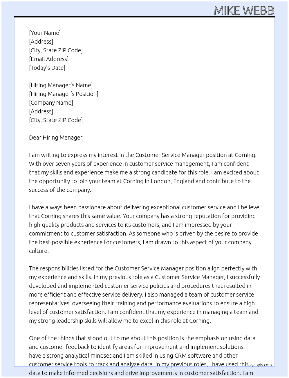 Customer Service Manager At Corning Cover Letter