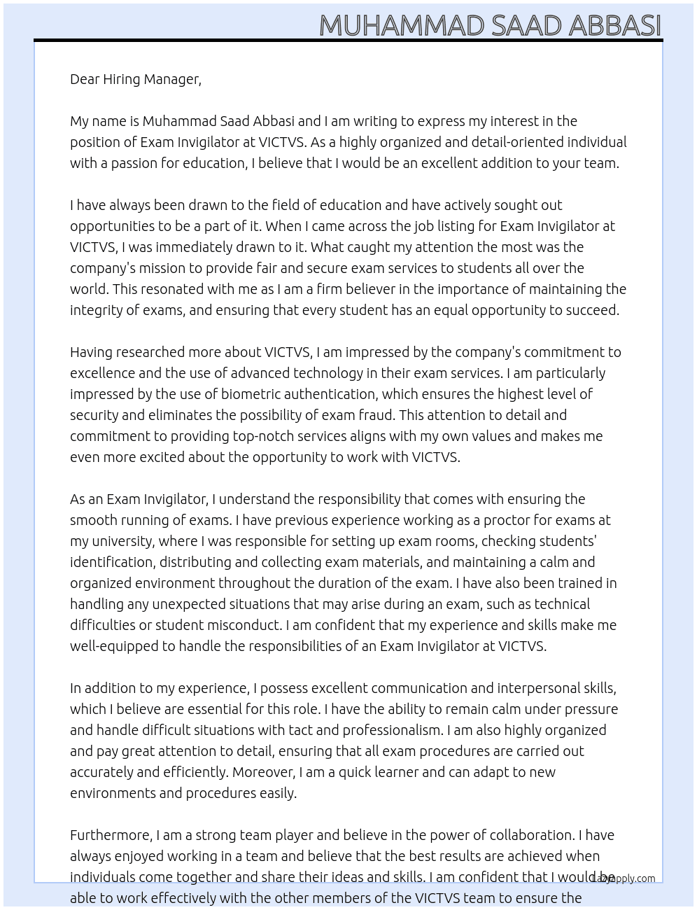 Exam Invigilator  At VICTVS Cover Letter
