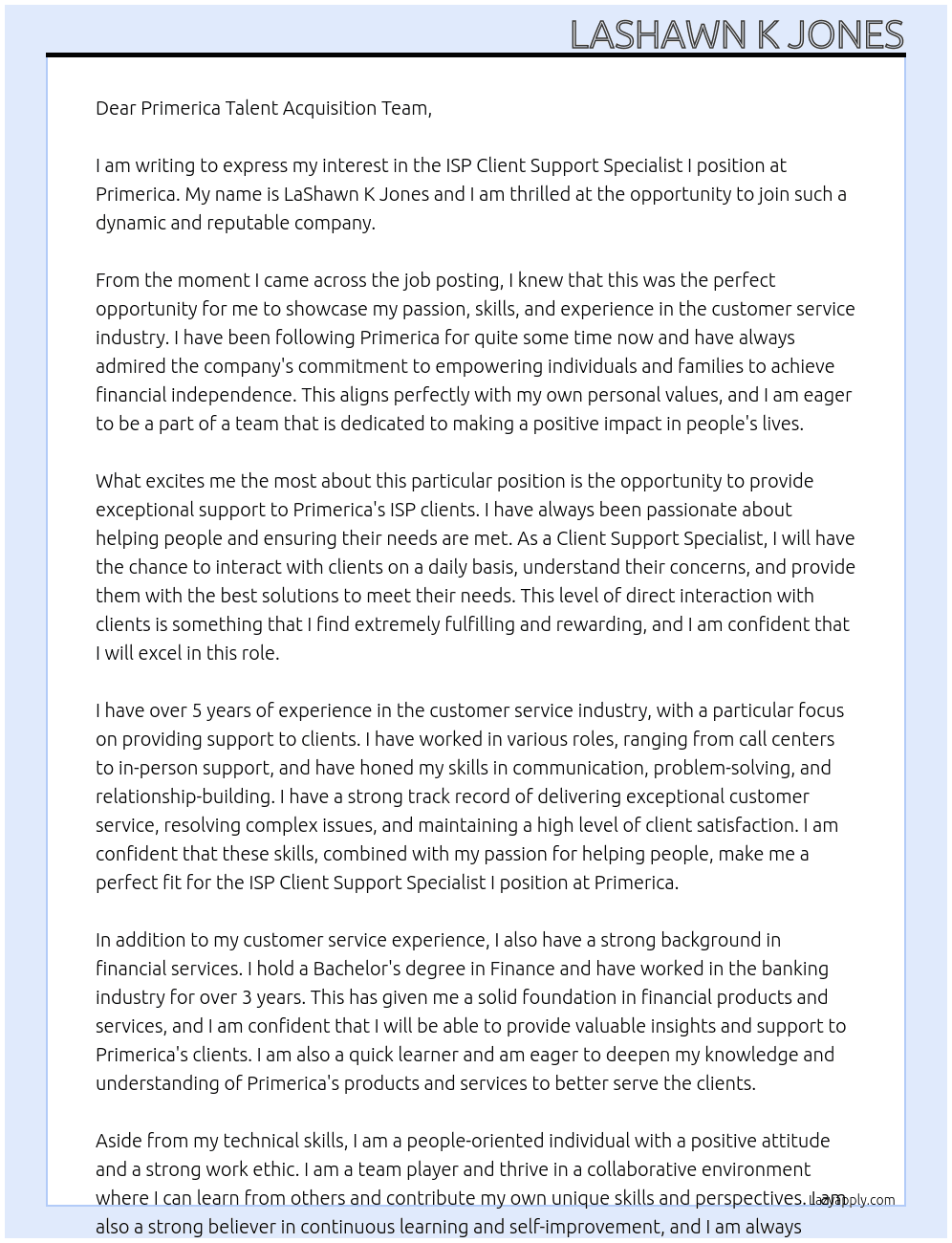 ISP Client Support Specialist I At Primerica Cover Letter