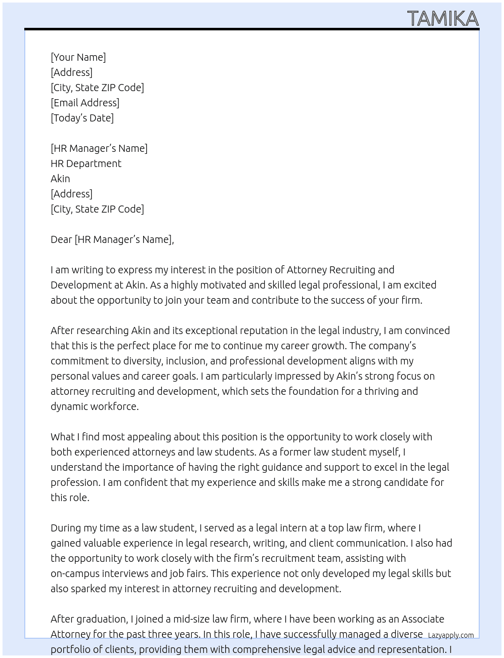Attorney Recruiting and Development  At Akin Cover Letter